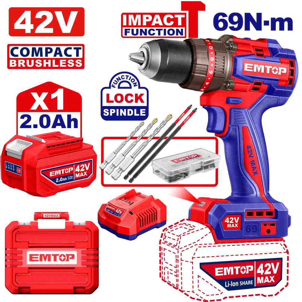 درل شحن 13 ملم شاكوش 42 V
69N مع 1 بطاريه 2AH
Brushless Motor