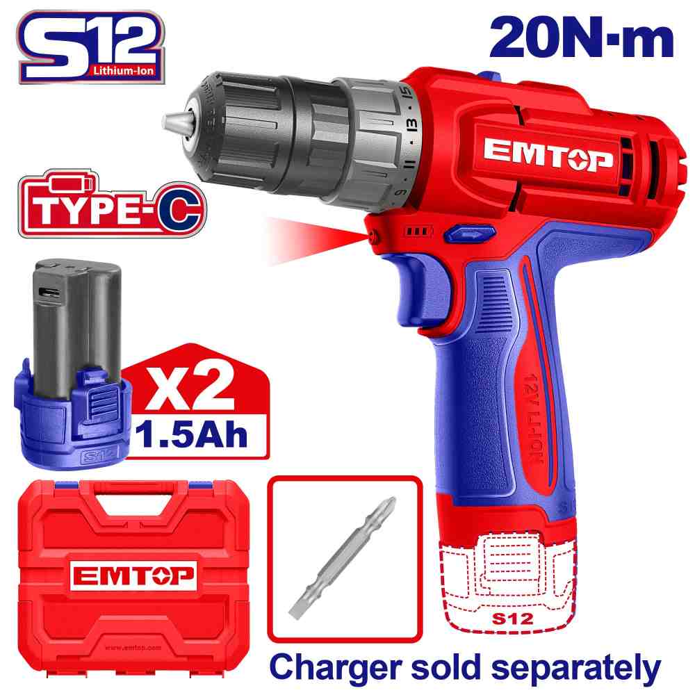 درل شحن مع 2 بطاريه
10 ملم 12 V
Type-C