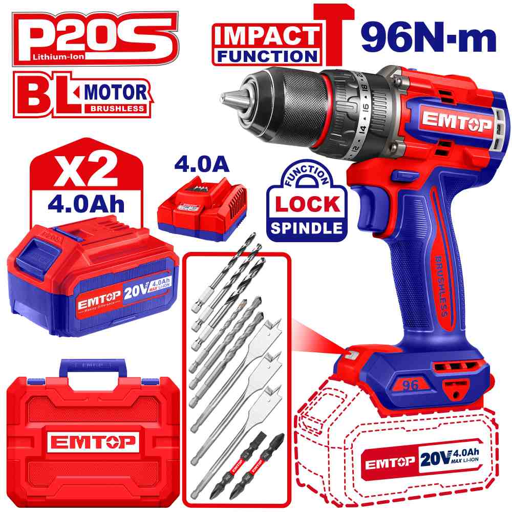 درل شحن 13 ملم شاكوش 20 V
96N مع 2 بطاريه 4AH وشاحن
Brushless Motor