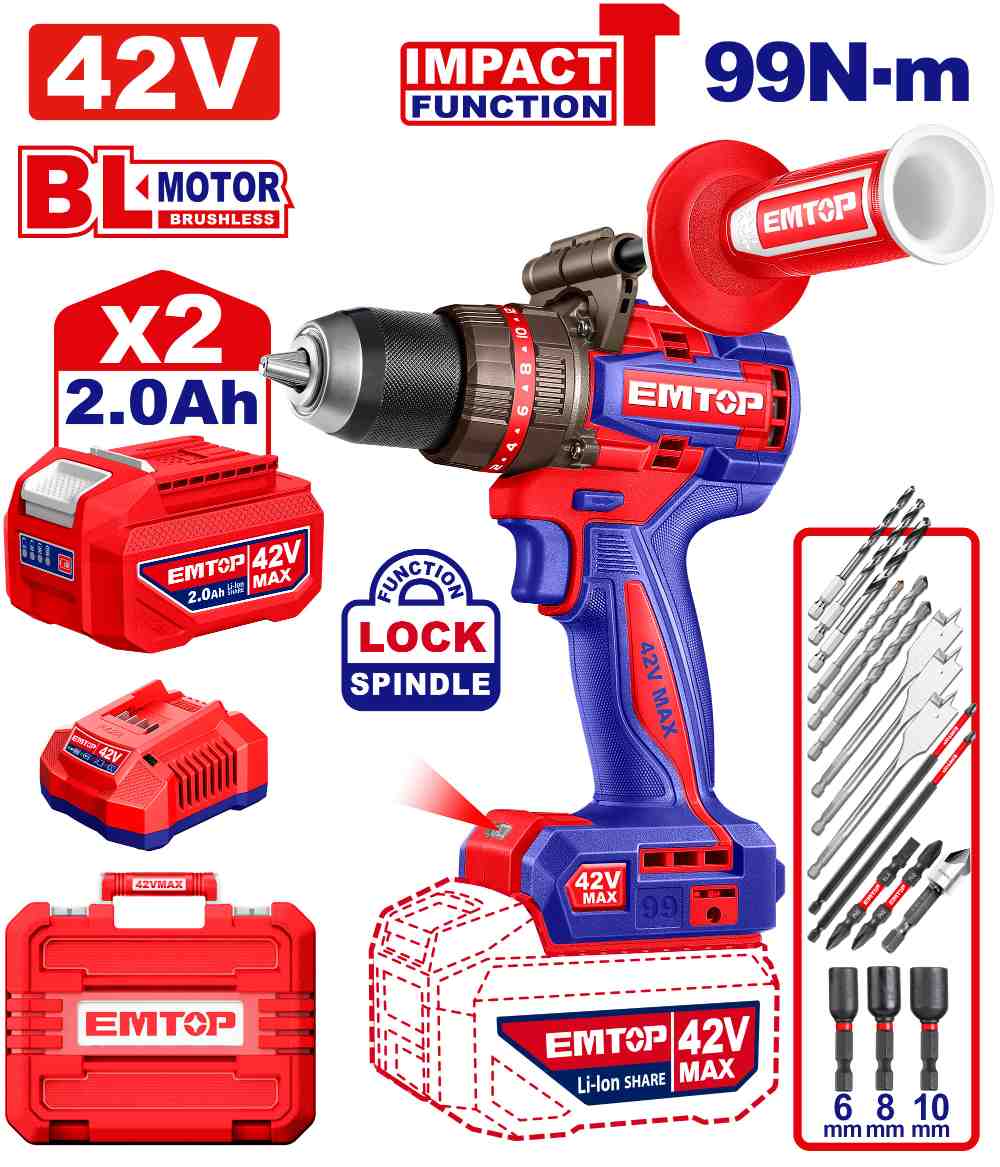 درل شحن 13 ملم شاكوش 42 V
99N مع 2 بطاريه 2AH
Brushless Motor