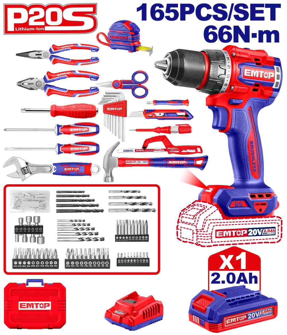 درل شحن 13 ملم شاكوش مع 165 قطعه 20 V
66N مع 1 بطاريه و شاحن
Brushless Motor