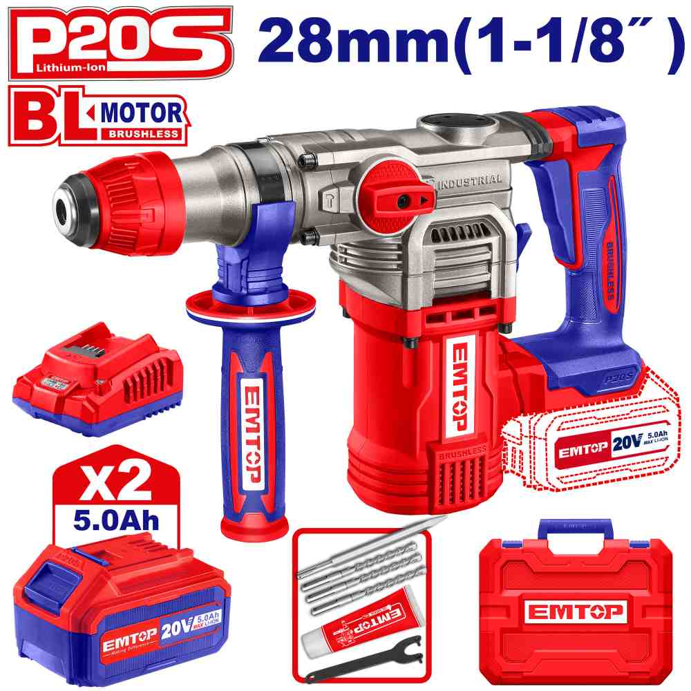 همر شحن 28MM 20V
مع 2 بطاريه 5A
SDS_PLUS
مع 4 ريش 3 حركات (4.5J)
Brushless Motor
